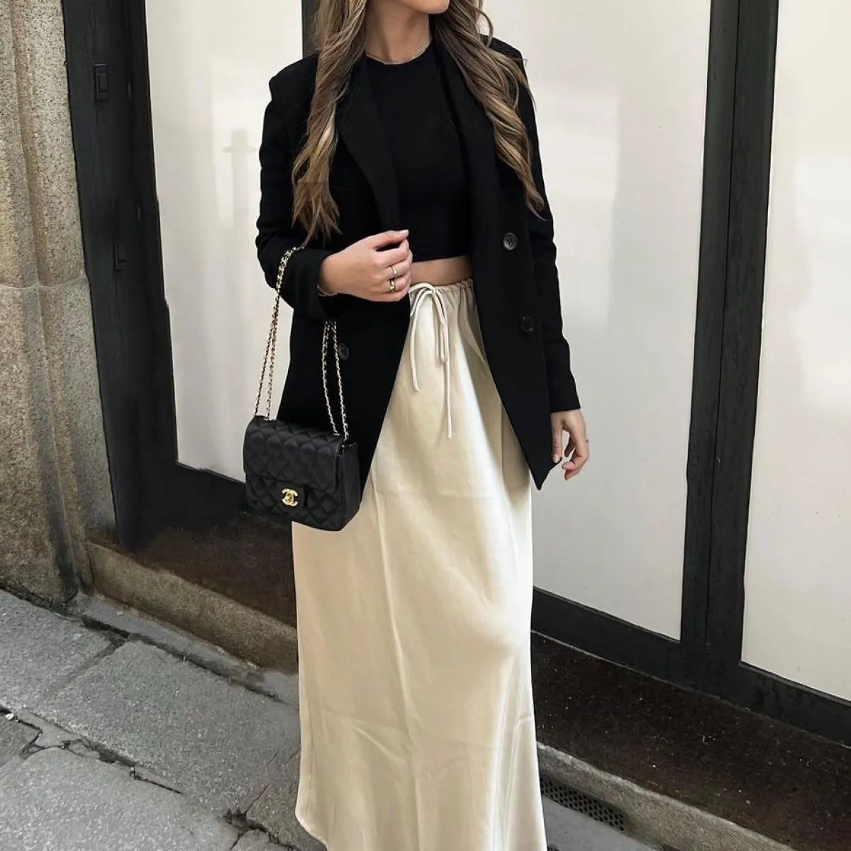 Gonna lunga con lacci a vita alta moda donna con coulisse sciolto casual solido patchwork moda streetwear donna maxi