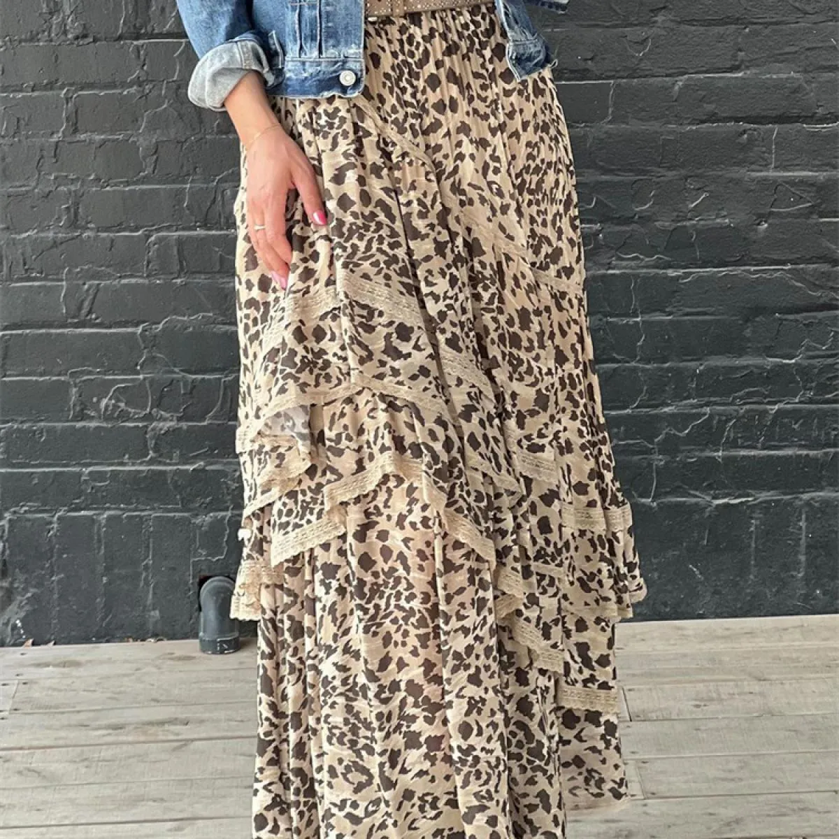 Gonna lunga stampata leopardata Patchwork femminile con volant Moda estate 2024 Fasciatura a vita alta Party Look da donna lungo