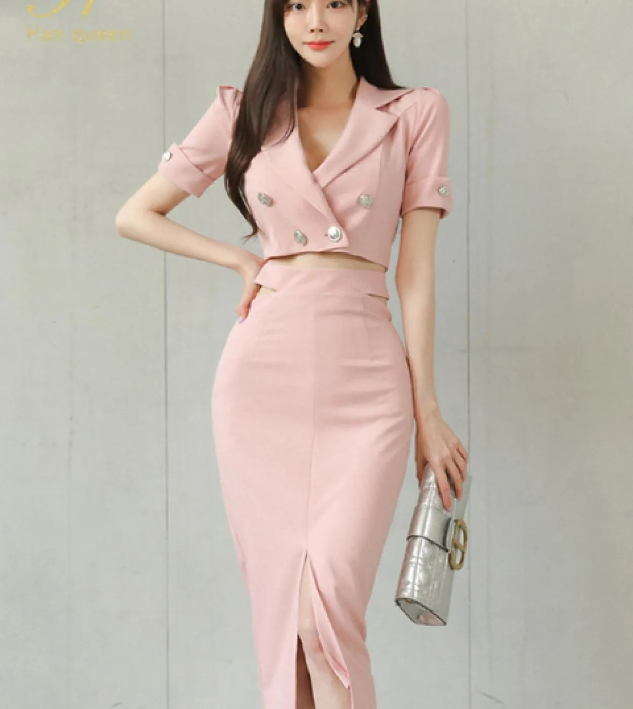 H Han Queen Abito estivo da donna Gonna 2 pezzi Abiti Abito corto Doppiopetto Crop Top  Gonna tubino a tubino con spacco Novità