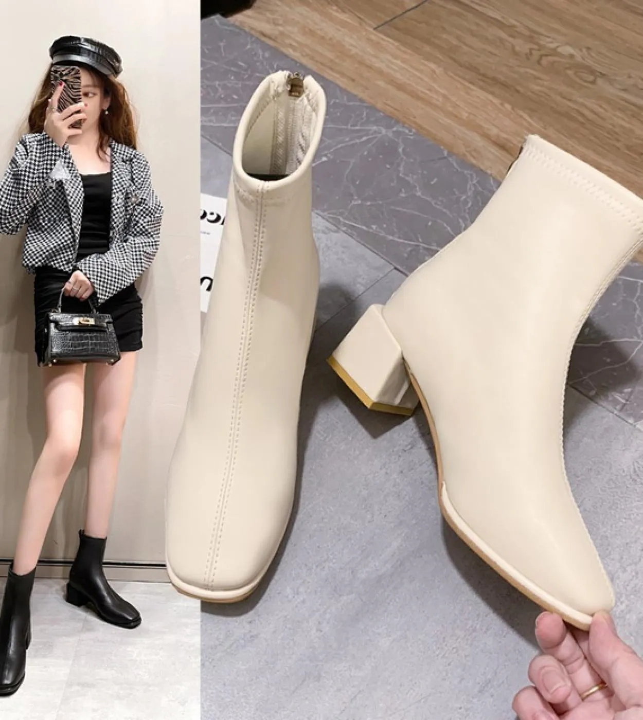 Luxury Brand Donna Beige 7cm Block Stivaletti con tacco alto Stivaletti invernali da donna con punta quadrata Boo corto di alta