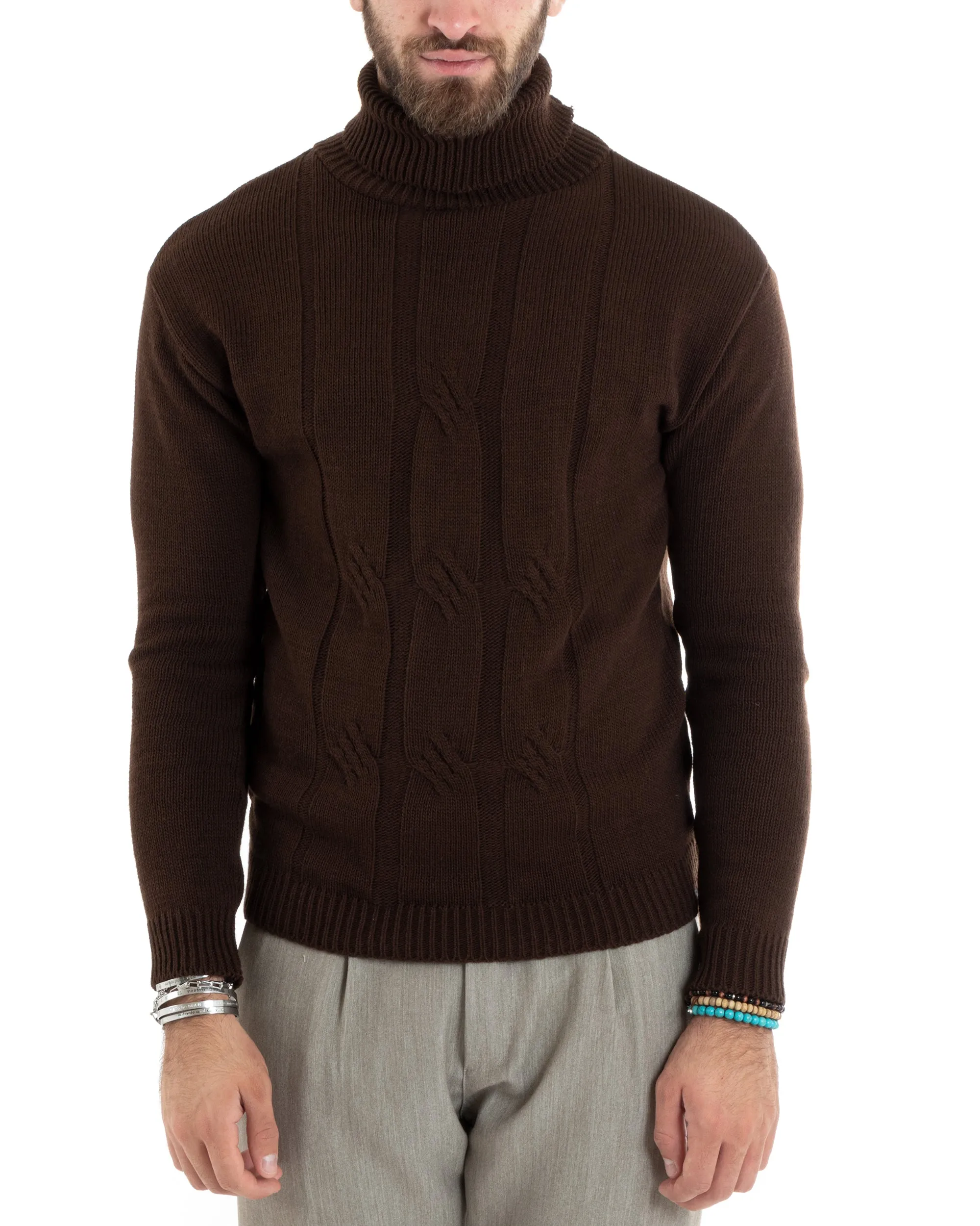 Maglioncino Uomo Collo Alto Maglia Inglese Con Trecce Marrone Pullover Dolcevita GIOSAL-M2722A