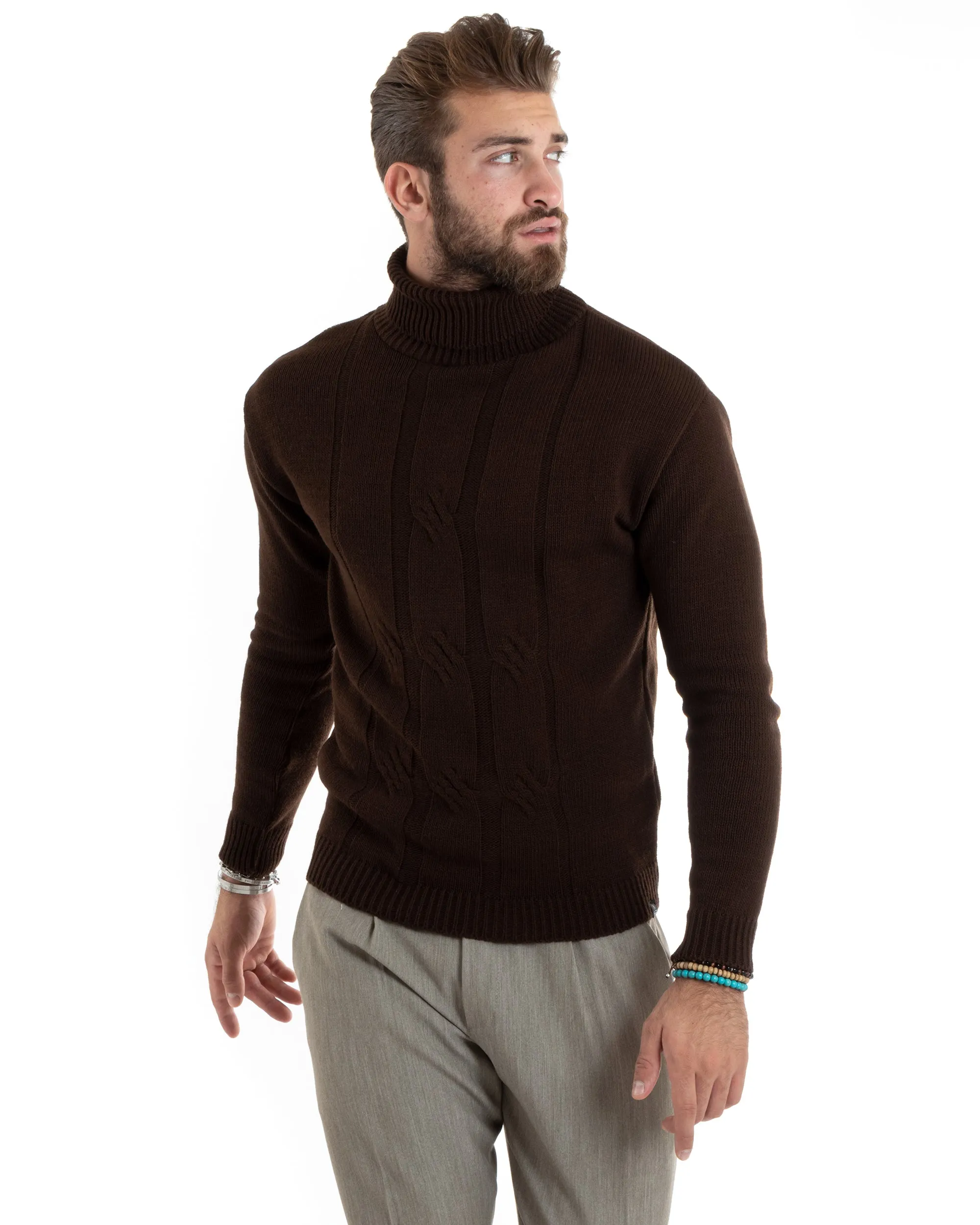 Maglioncino Uomo Collo Alto Maglia Inglese Con Trecce Marrone Pullover Dolcevita GIOSAL-M2722A