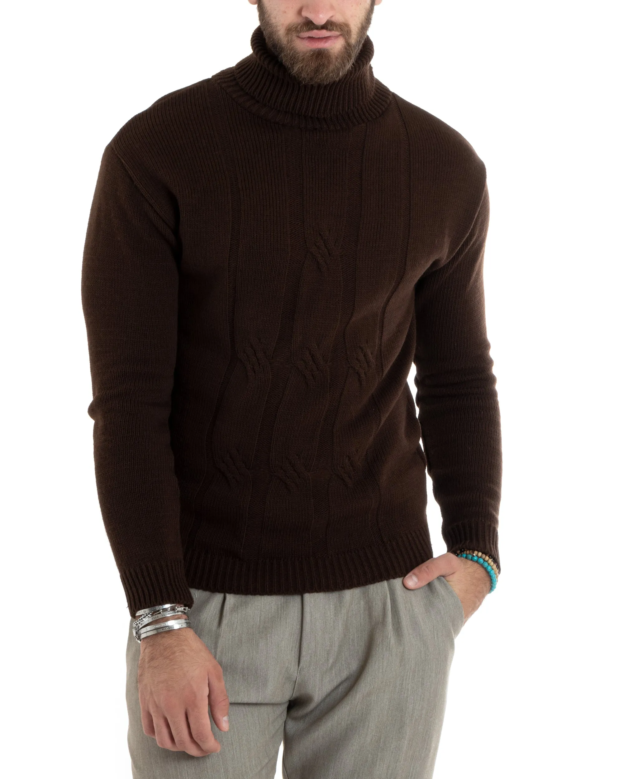 Maglioncino Uomo Collo Alto Maglia Inglese Con Trecce Marrone Pullover Dolcevita GIOSAL-M2722A