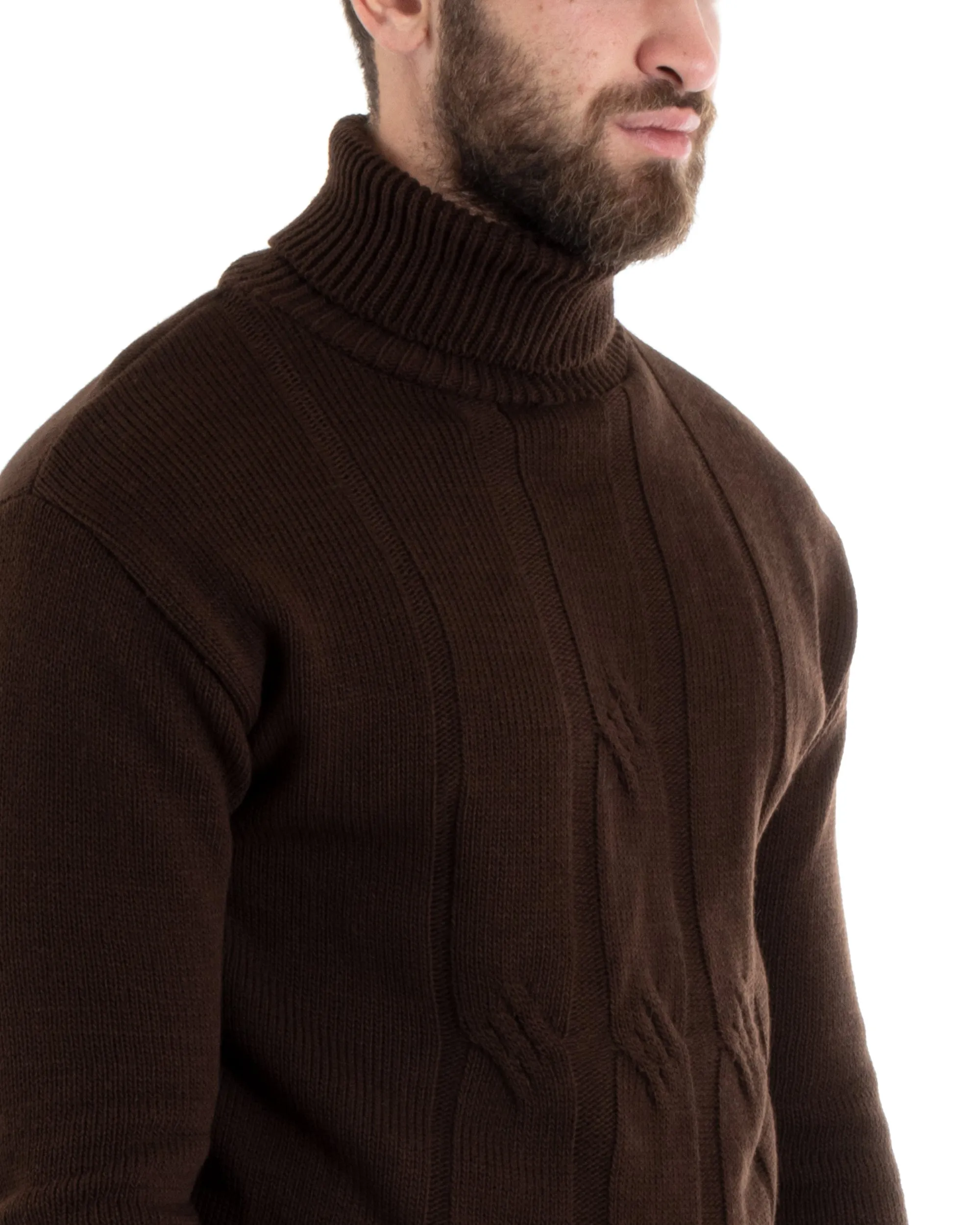 Maglioncino Uomo Collo Alto Maglia Inglese Con Trecce Marrone Pullover Dolcevita GIOSAL-M2722A