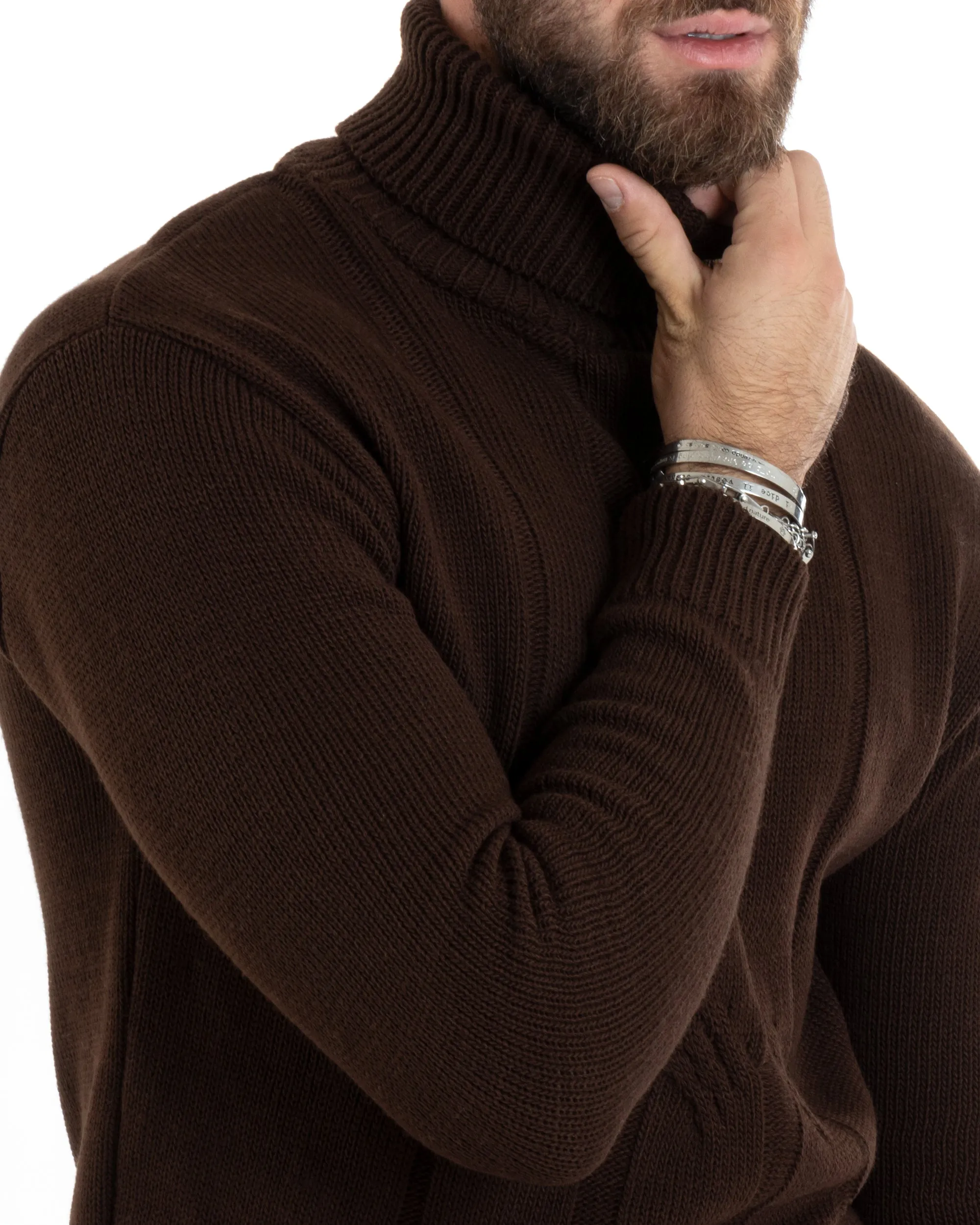 Maglioncino Uomo Collo Alto Maglia Inglese Con Trecce Marrone Pullover Dolcevita GIOSAL-M2722A