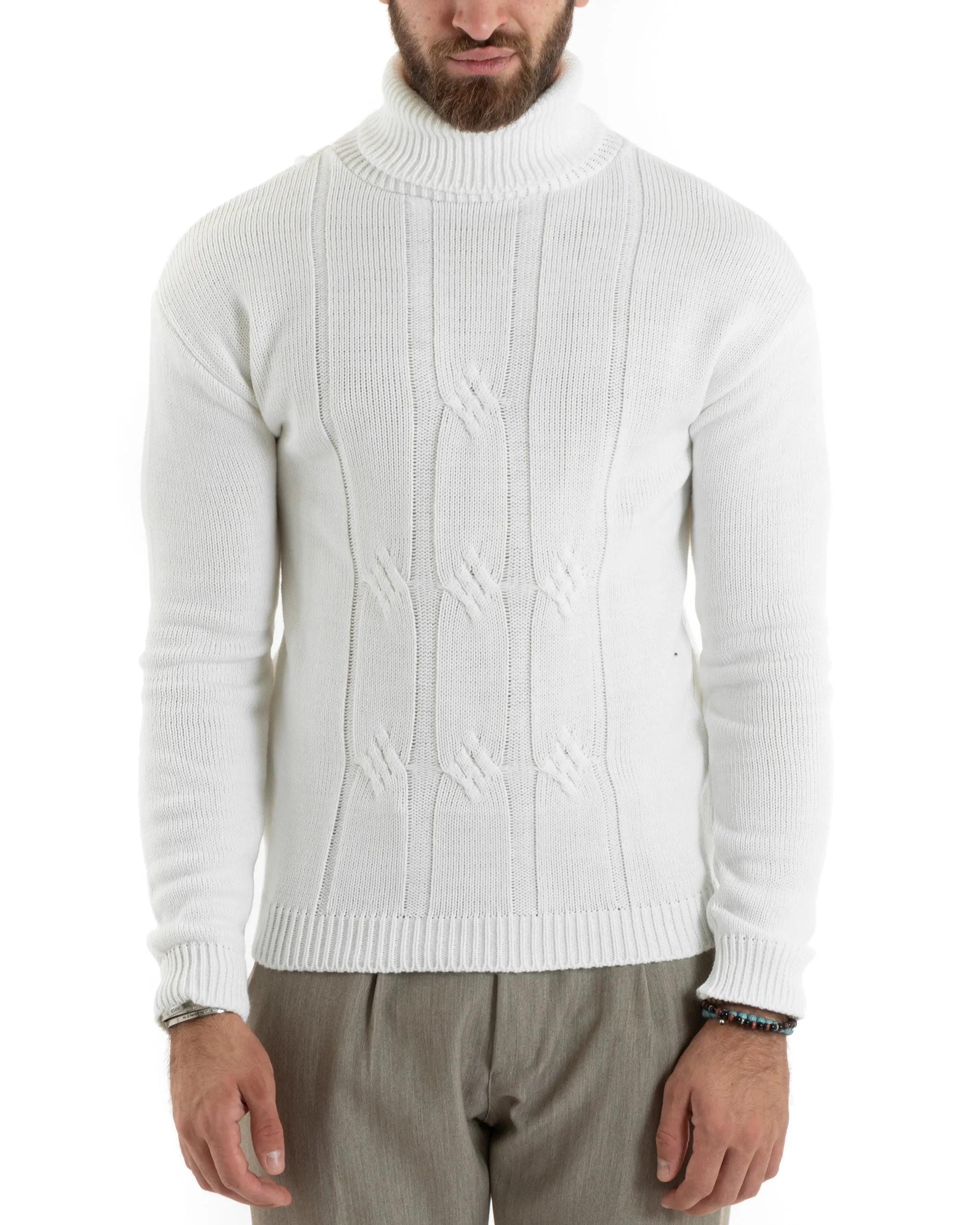 Maglioncino Uomo Collo Alto Maglia Inglese Con Trecce Panna Pullover Dolcevita GIOSAL-M2721A