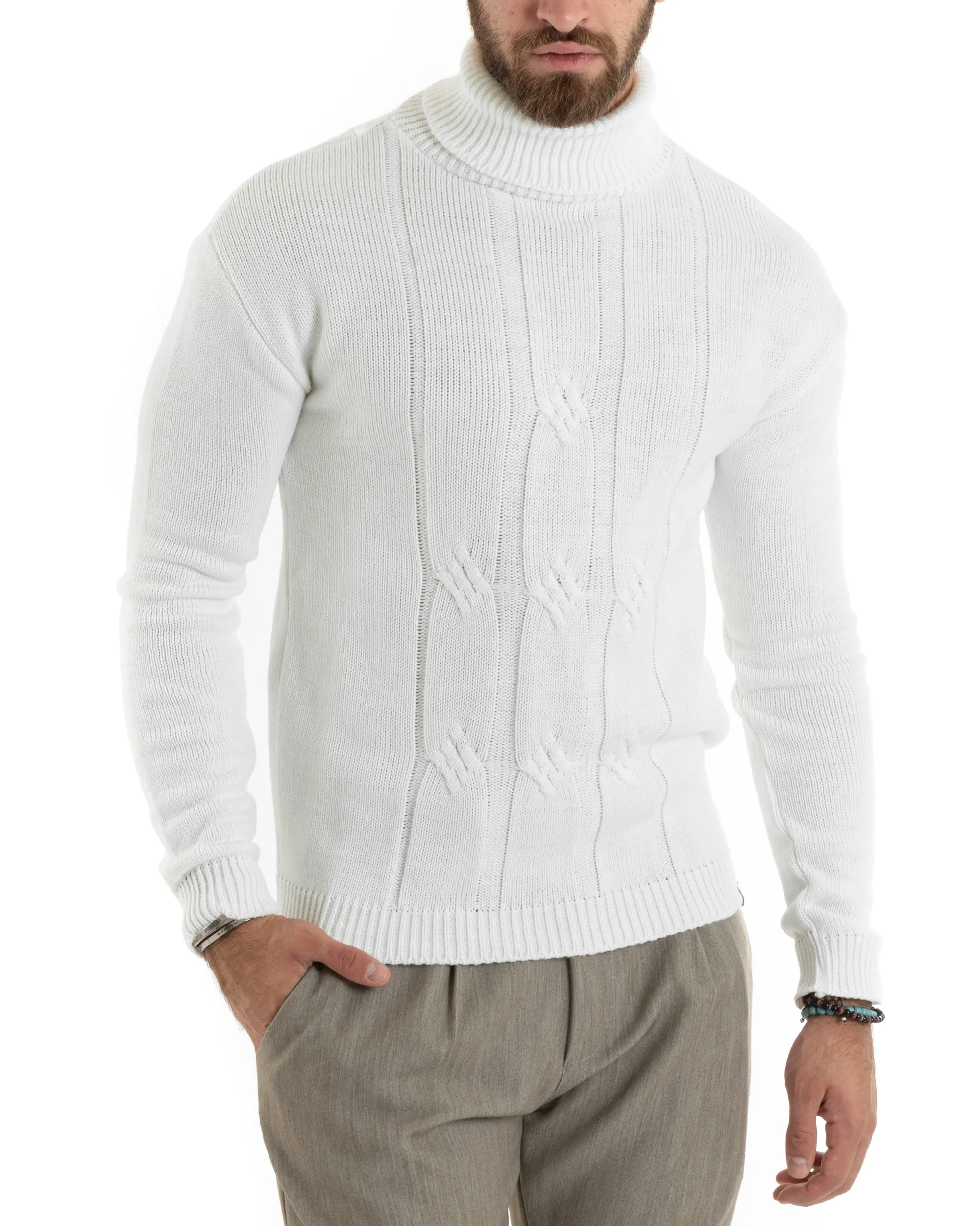 Maglioncino Uomo Collo Alto Maglia Inglese Con Trecce Panna Pullover Dolcevita GIOSAL-M2721A