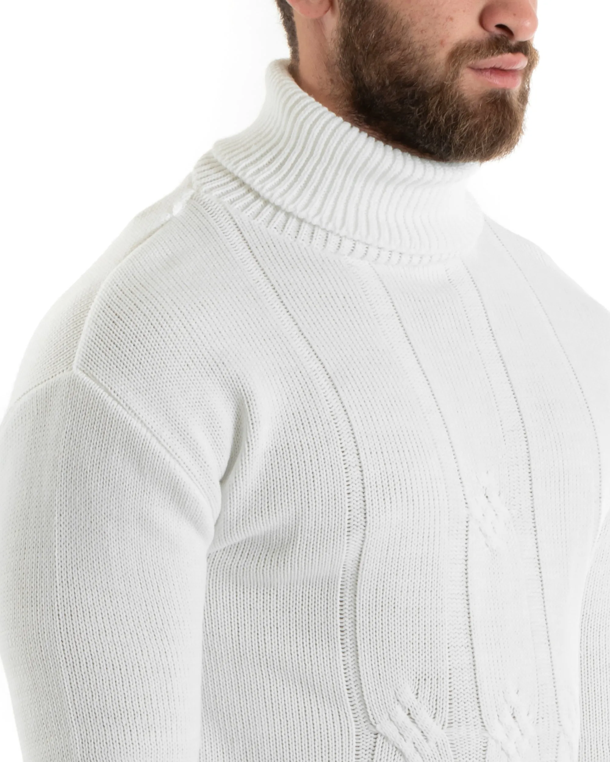 Maglioncino Uomo Collo Alto Maglia Inglese Con Trecce Panna Pullover Dolcevita GIOSAL-M2721A