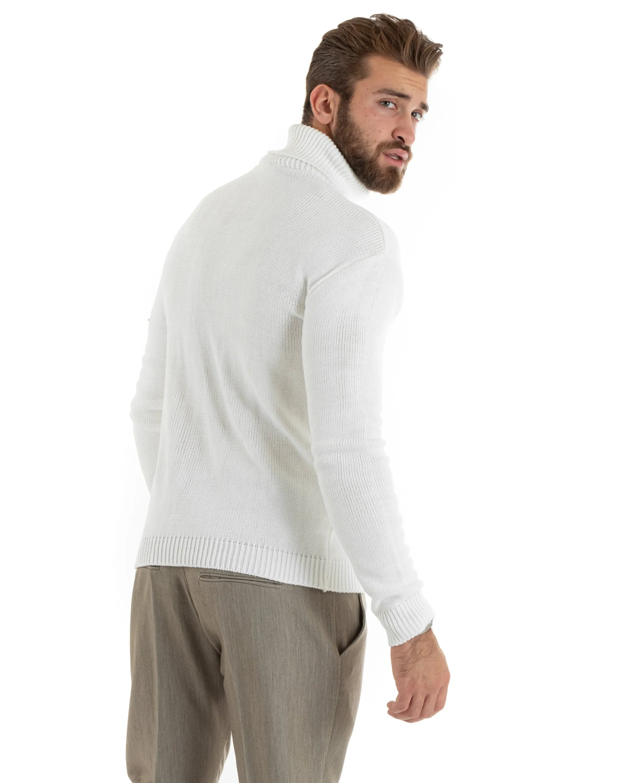 Maglioncino Uomo Collo Alto Maglia Inglese Con Trecce Panna Pullover Dolcevita GIOSAL-M2721A