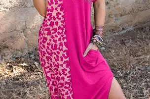 Maxi abito elegante con stampa leopardata, rosa
