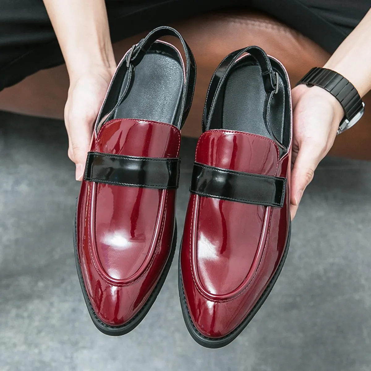 Mocassini neri da uomo punta tonda rossa slip on primavera / autunno scarpe da uomo formali da lavoro taglia 38 46 sandali da uo