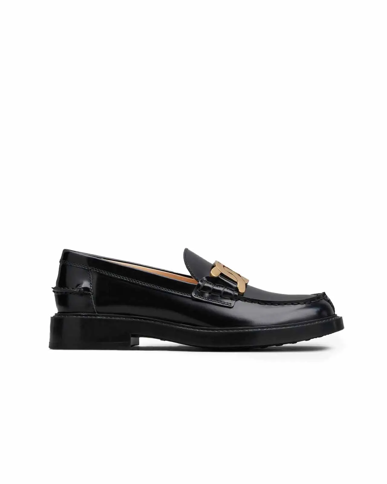 Mocassino pelle spazzolata nera catena oro