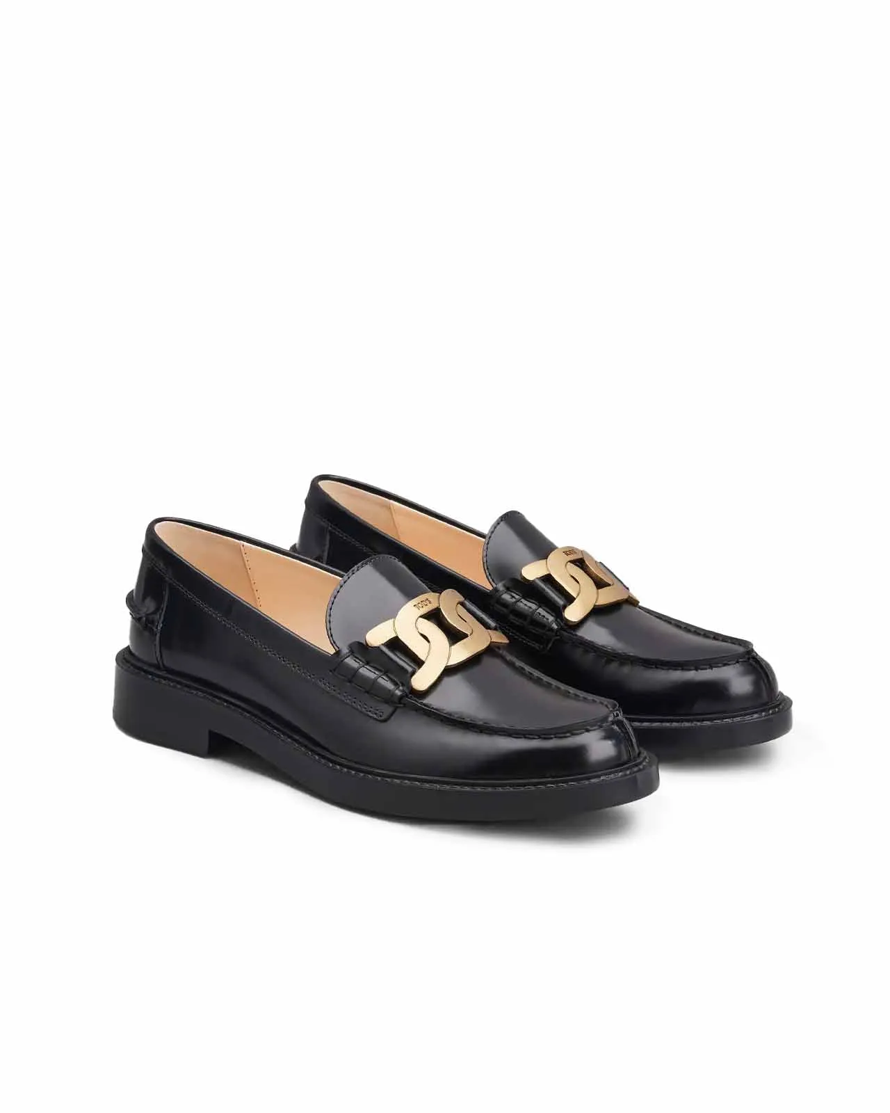 Mocassino pelle spazzolata nera catena oro