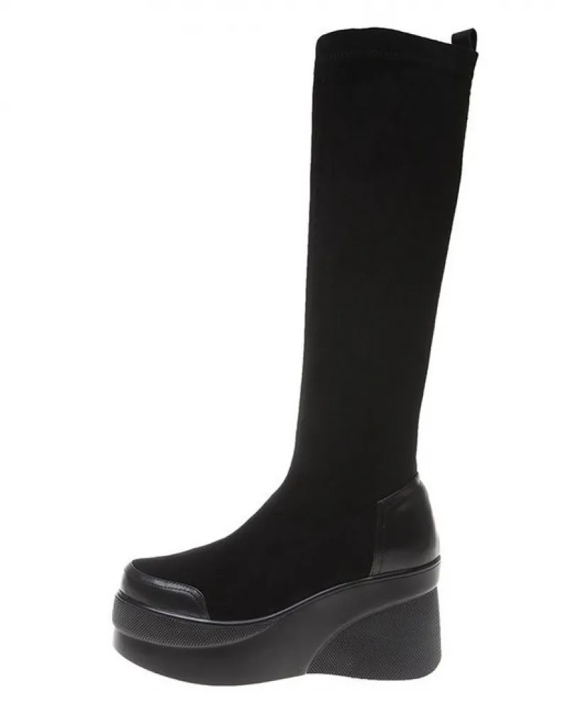 Scarpe da donna autunno inverno Stivaletti con suola spessa da donna Stivaletti con punta tonda moda 2022 con zeppa nera elastic