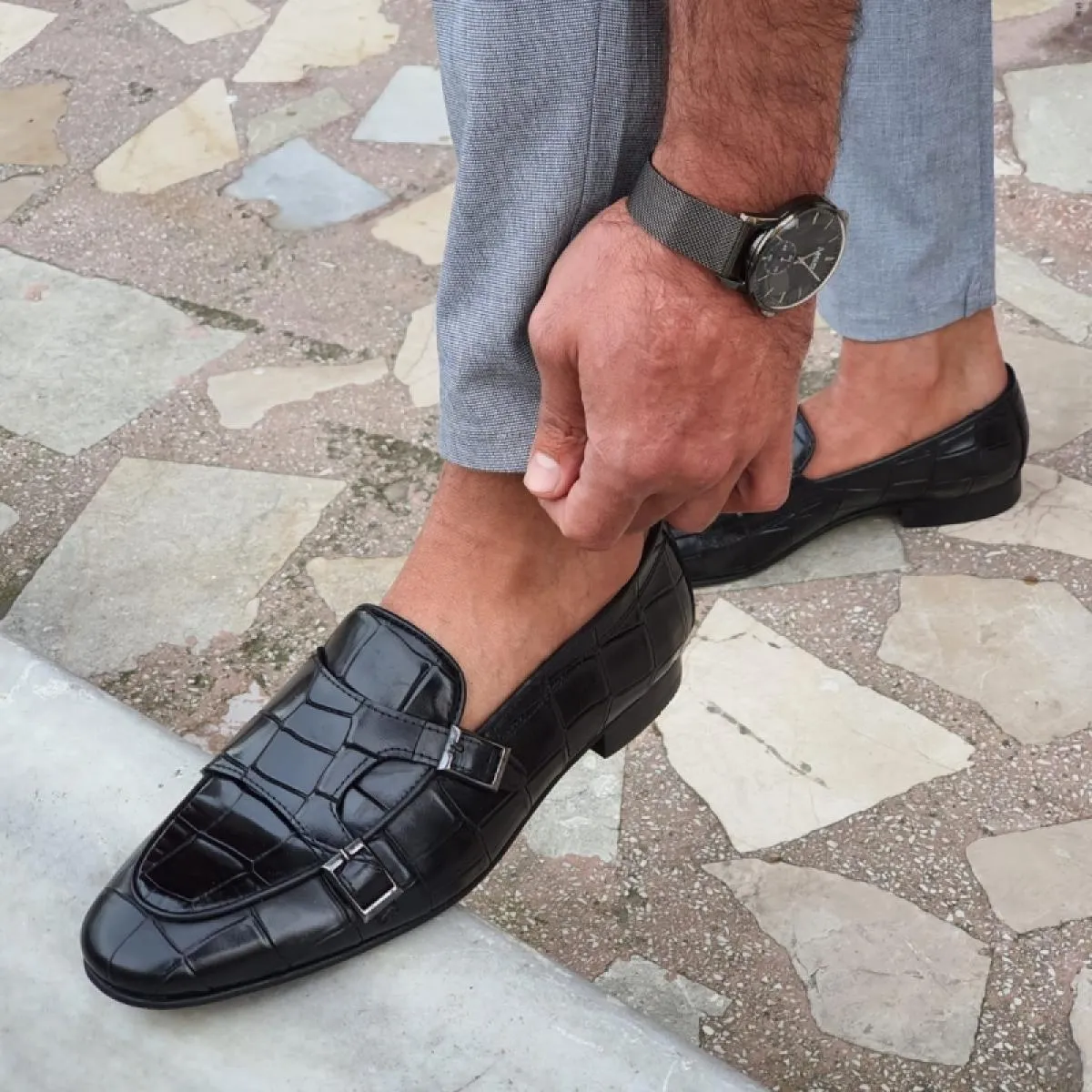 Scarpe formali da uomo nere Mocassini blu marroni Slip On Stone Pattern Business Scarpe da monaco con doppia fibbia per uomo con