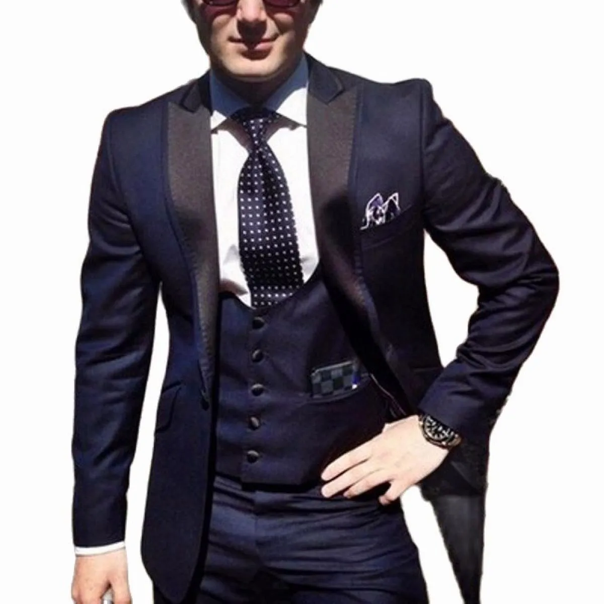 Smoking da sposo blu navy 3 pezzi uomo moda abiti con risvolto con visiera gilet personalizzato set maschile giacca pantaloni co