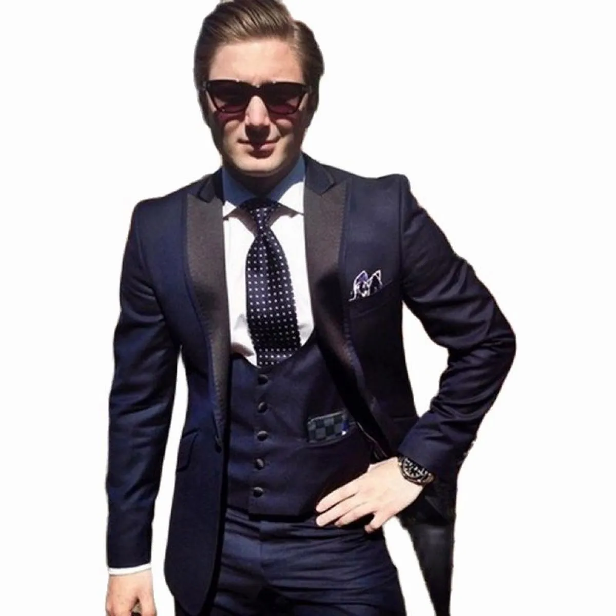 Smoking da sposo blu navy 3 pezzi uomo moda abiti con risvolto con visiera gilet personalizzato set maschile giacca pantaloni co