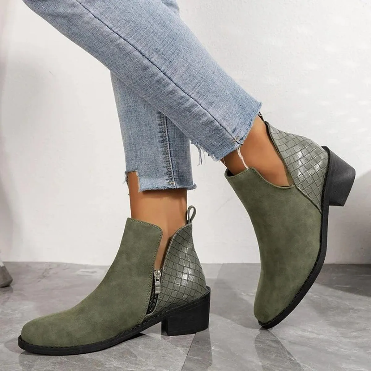 Stivaletti in PU autunno da donna Tacco basso Comodo tinta unita Casual Cerniera Tinta unita Stivaletti da donna Grandi 35 43