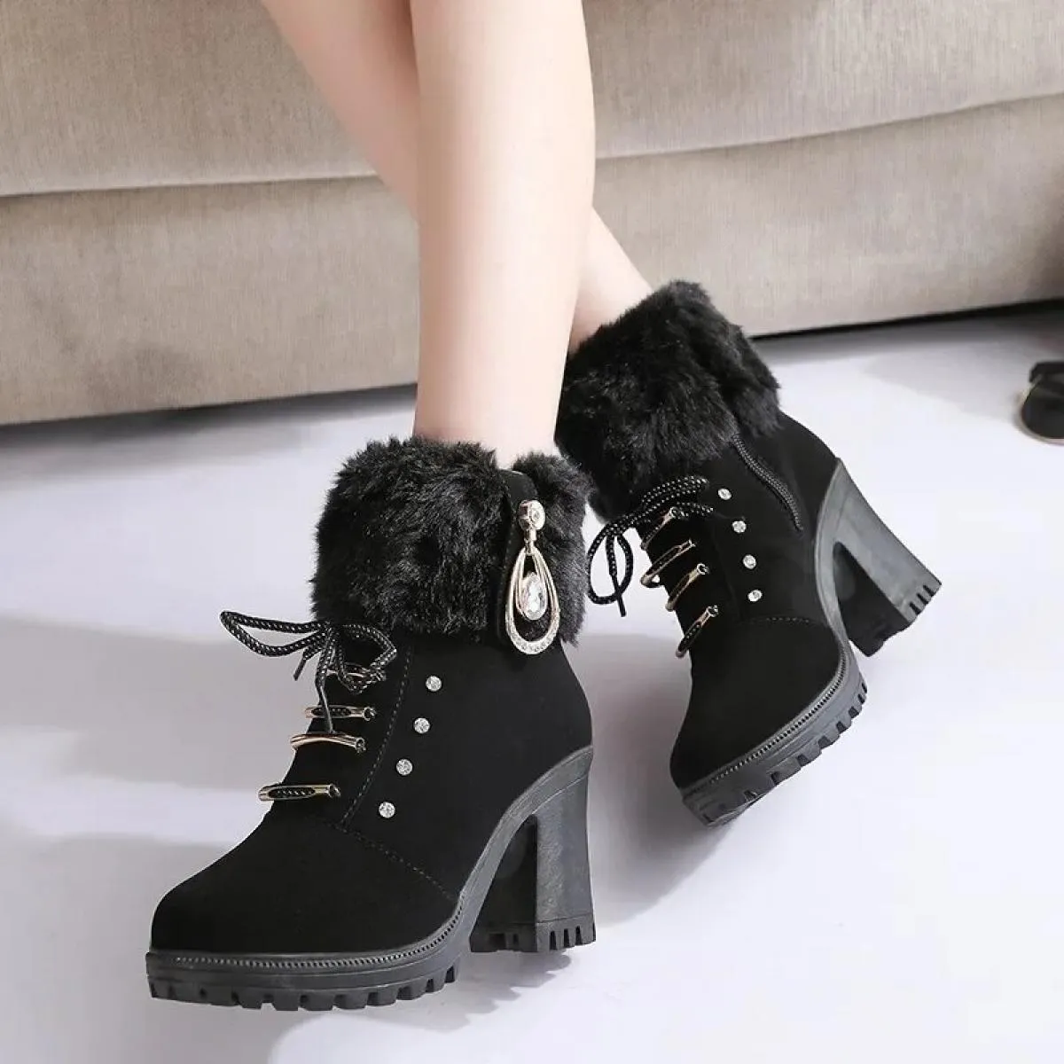 Stivali da neve caldi in pelliccia invernale da donna Stivaletti corti in lana Stivaletti Scarpe comode Grandi 35 40 Stivale med