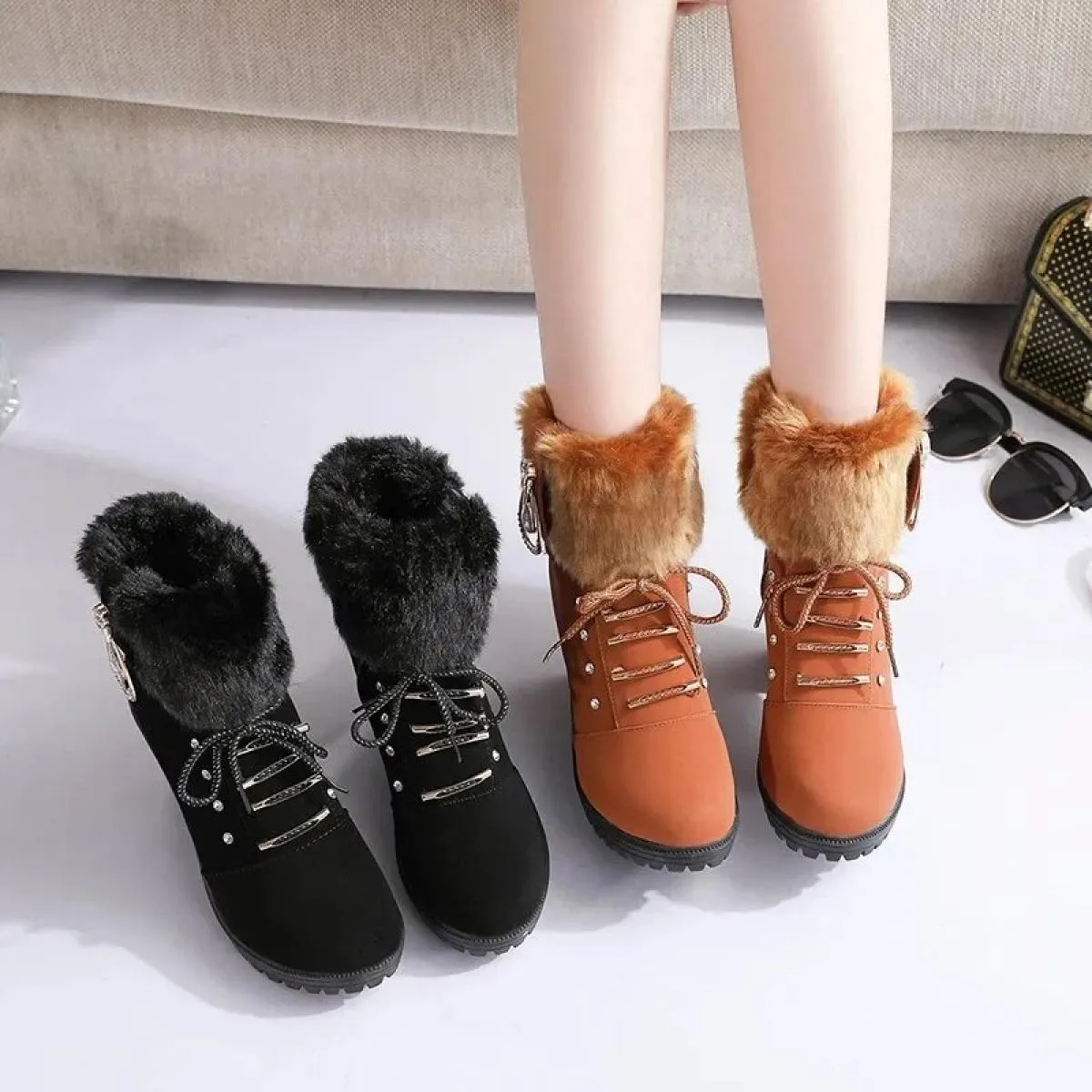 Stivali da neve caldi in pelliccia invernale da donna Stivaletti corti in lana Stivaletti Scarpe comode Grandi 35 40 Stivale med