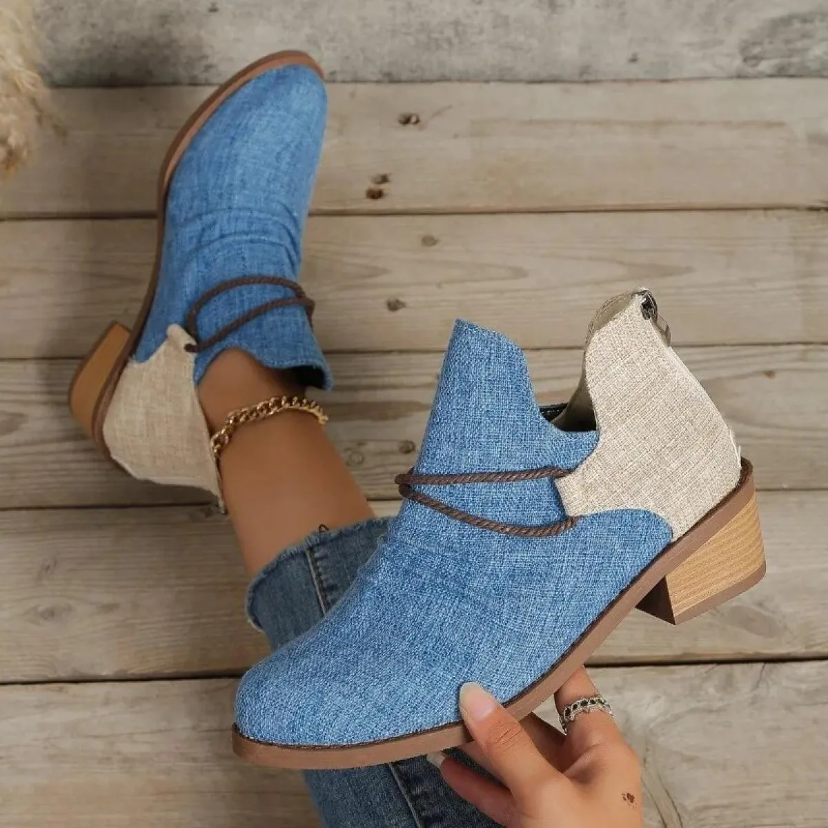 Stivali di jeans da donna Stivaletti con tacco spesso in pelle scamosciata a punta autunnale Stivaletti con tacco con cerniera t