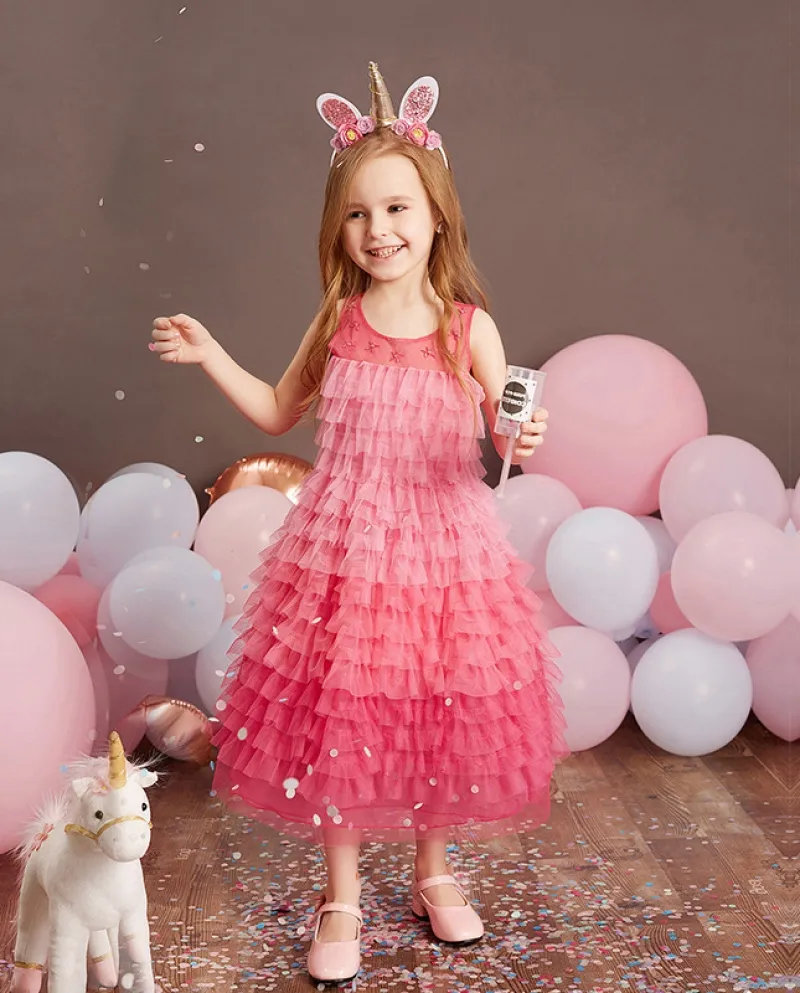 Summer New Girls Gradient Long Dress Cake Tutu Gonna