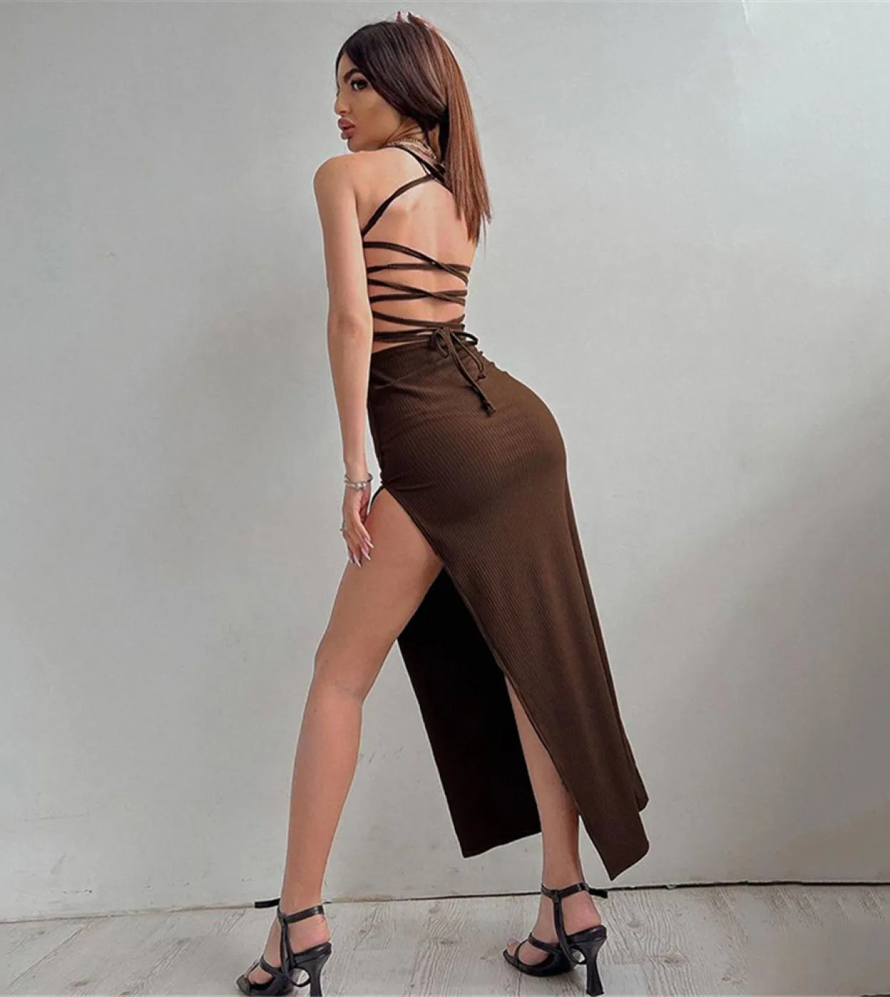Summer Womens Backless Strappy Waist Skimming Halter Dress Split Gonna lunga Halter Side Split Strappy Dress