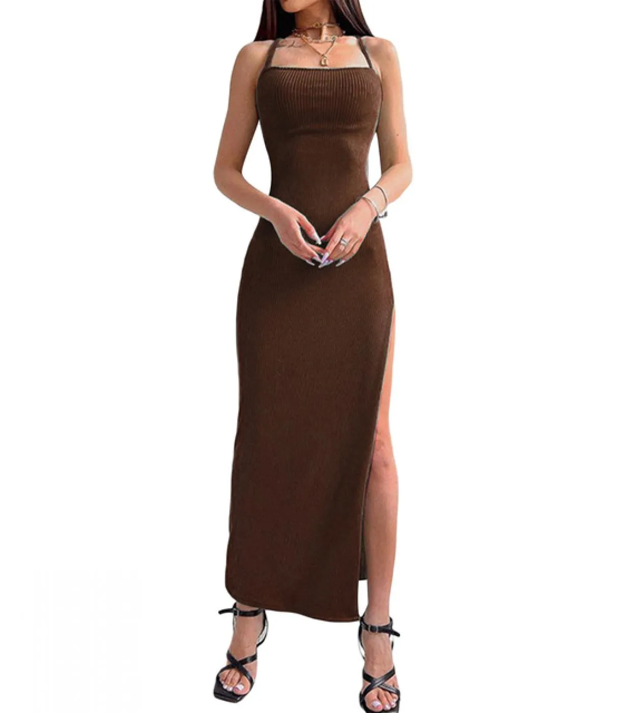 Summer Womens Backless Strappy Waist Skimming Halter Dress Split Gonna lunga Halter Side Split Strappy Dress