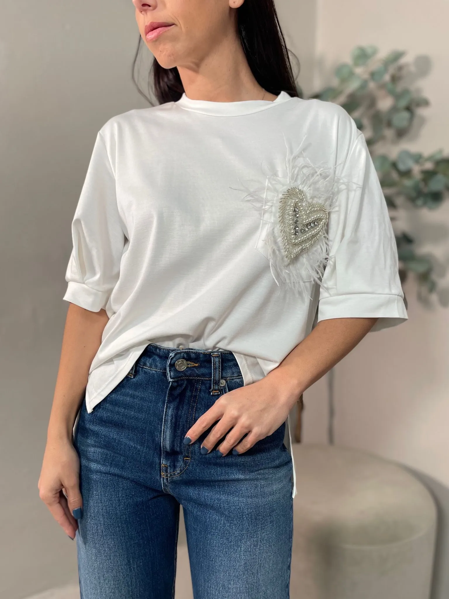 T-shirt Cuore Piume Bianca
