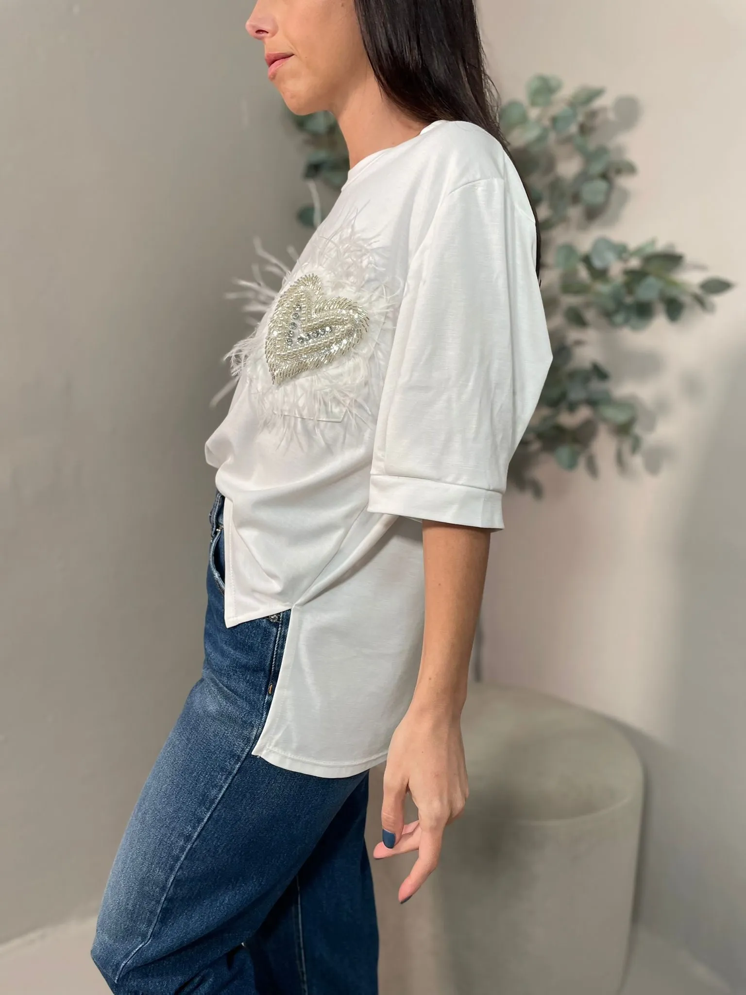 T-shirt Cuore Piume Bianca