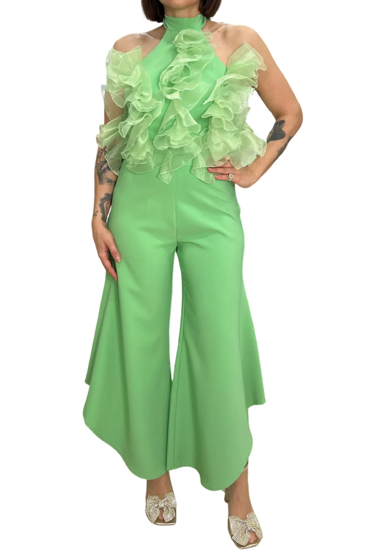 Top donna corto scollo americana con rouches in tulle chiusura zip e fiocco sul retro