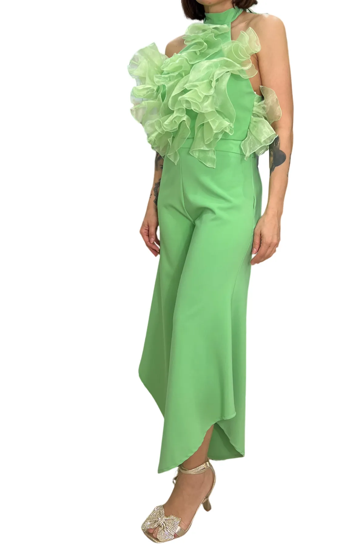 Top donna corto scollo americana con rouches in tulle chiusura zip e fiocco sul retro