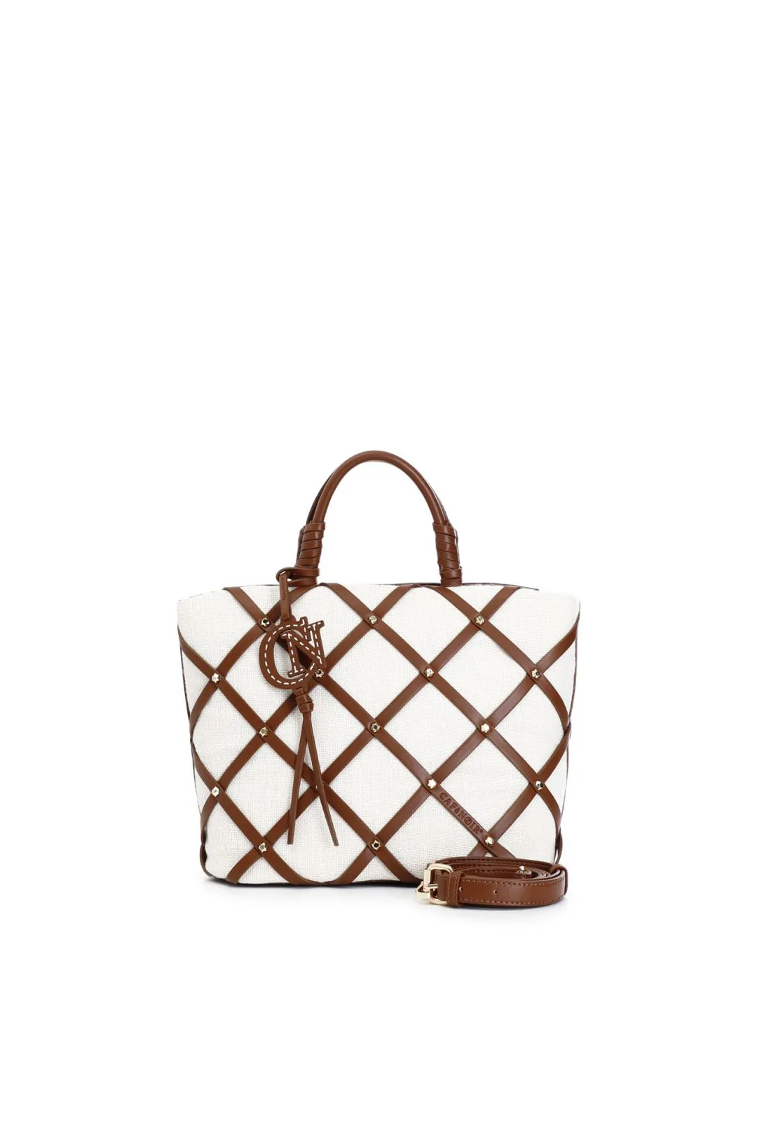 tote in tessuto con intreccio e borchiette naturale