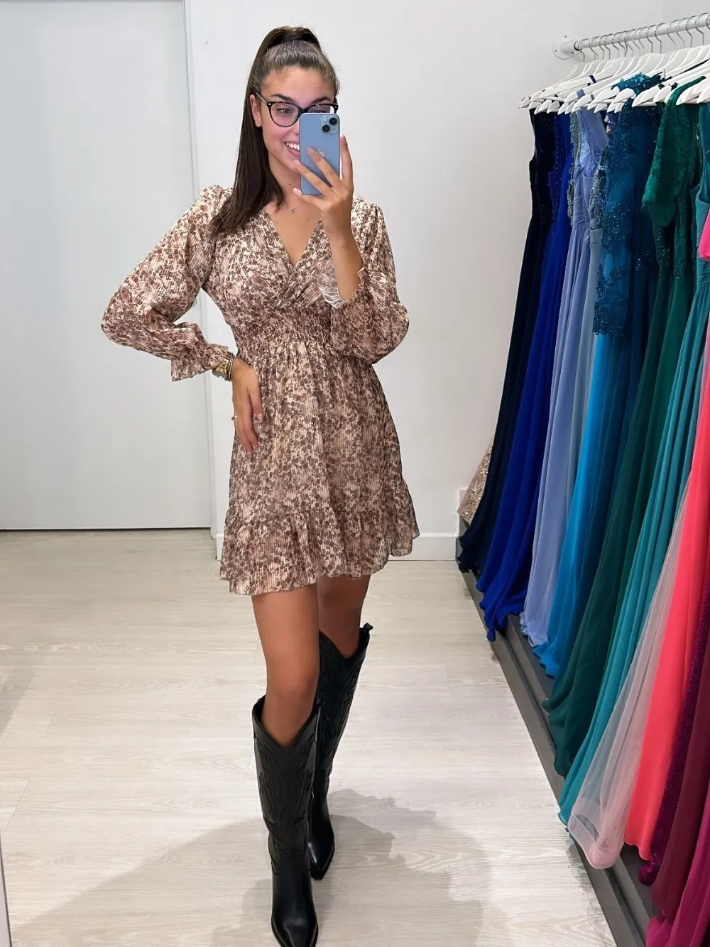 Vestito corto vita arricciata fiori lurex
