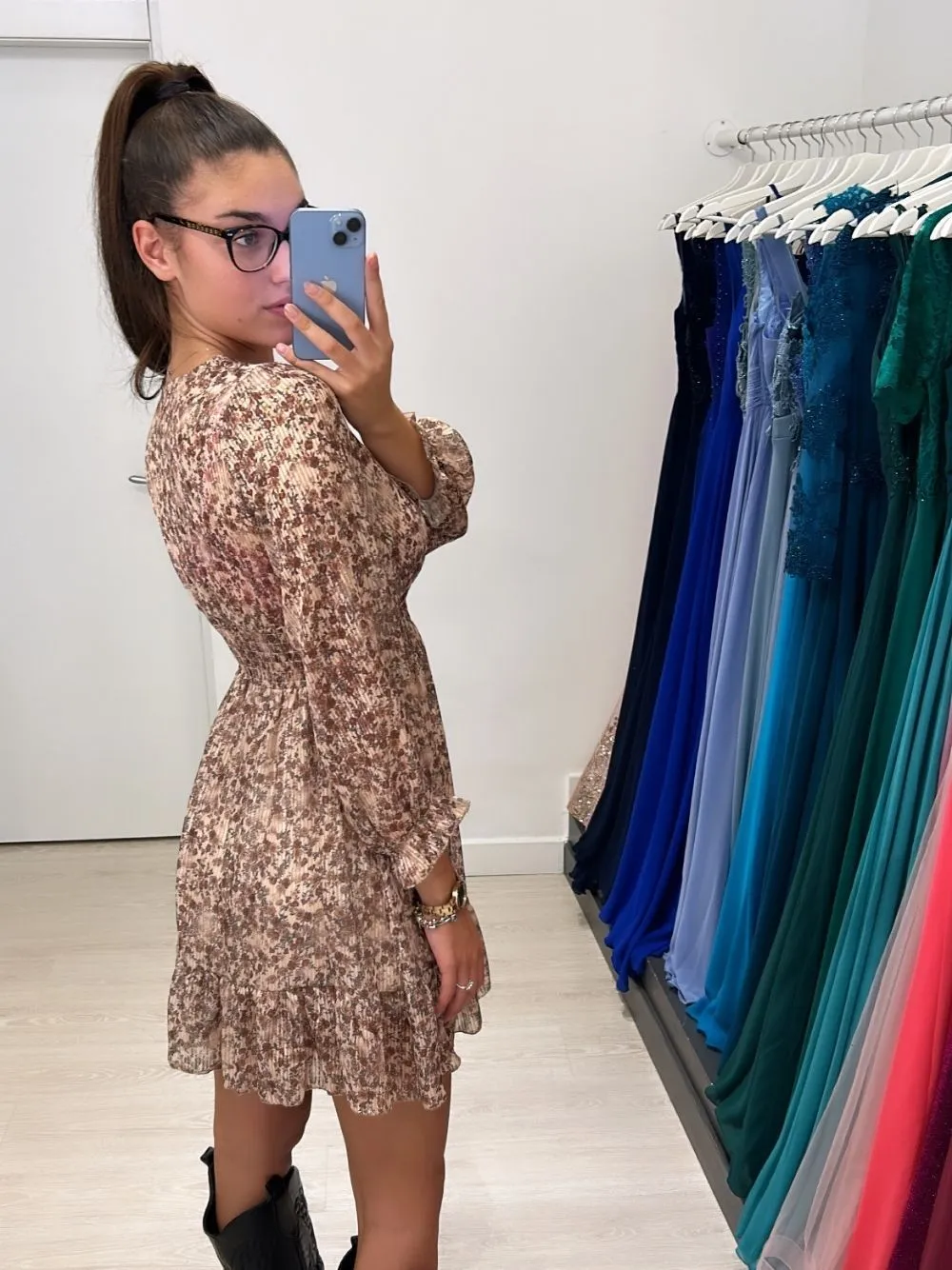 Vestito corto vita arricciata fiori lurex