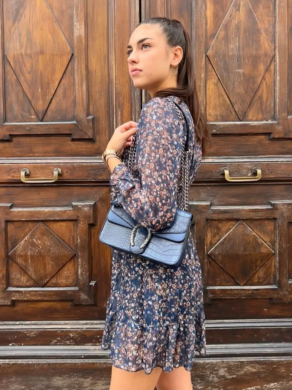 Vestito corto vita arricciata fiori lurex