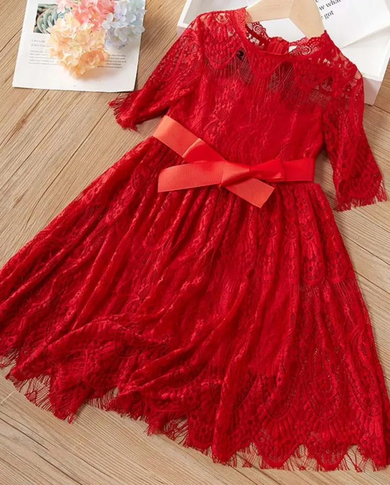 Vestito da principessa a soffietto con fiocco in pizzo a maniche lunghe in maglia elegante per ragazze
